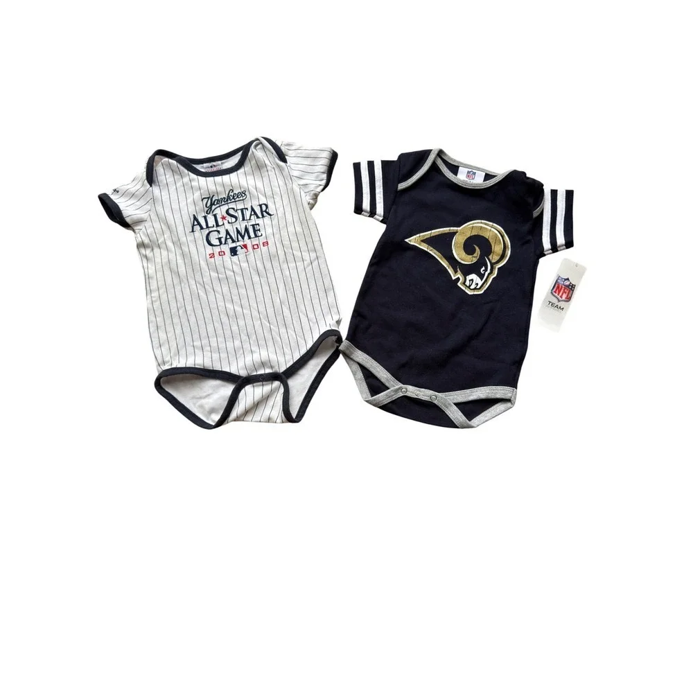 Bundle MLB Yankees 2008 All-Star & NFL Rams Baby Bodysuits Set Navy White 6-9M